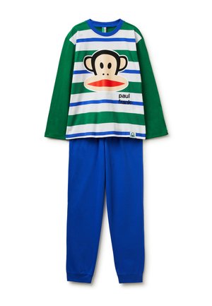 Zweiteiliges Kinder-Pyjama-Set mit blauer Hose und langärmeligem Oberteil mit grünen und blauen Streifen und großem Cartoon-Affen-Gesicht.