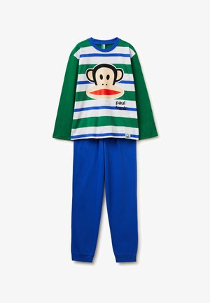Conjunto de pijama infantil de dos piezas con pantalones azules y una camiseta de manga larga con rayas verdes y azules y una gran cara de mono de dibujos animados.