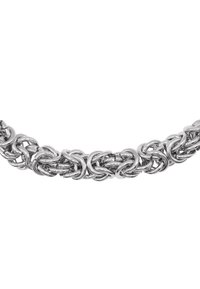 Collier en argent composé de maillons ronds et ovales interconnectés avec une finition polie, mettant en valeur un design tissé texturé.
