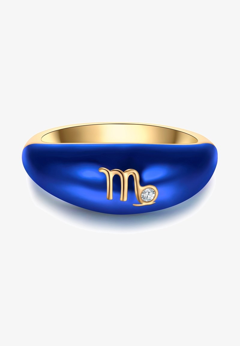 Zila emaljas gredzens ar zelta akcentiem, kas attēlo Skorpiona simbolu un mazu dimantu. Gluda tekstūra, noapaļota forma un pulēts apdare.