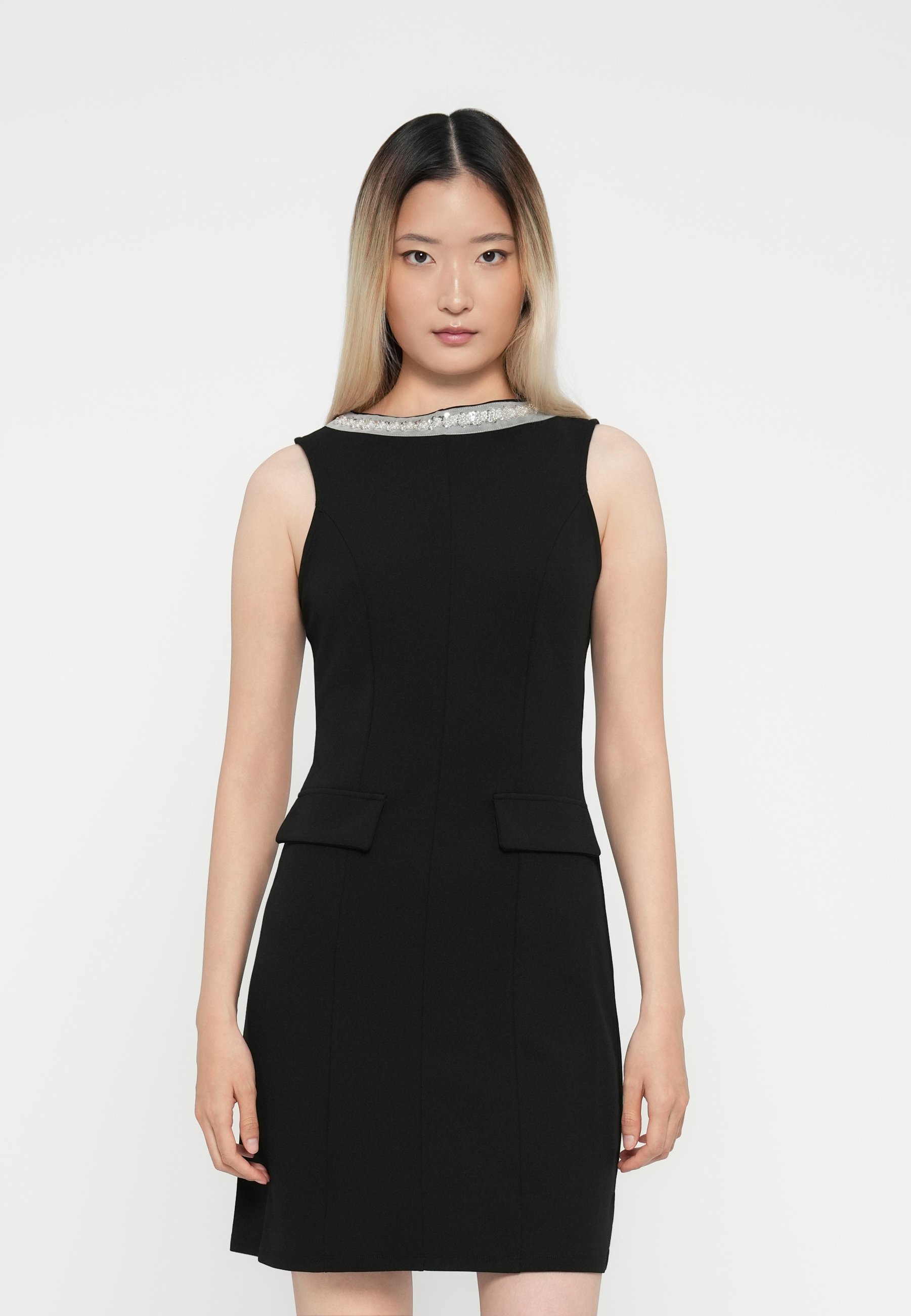 slim fit dress slacks Black High Neck Shift Midi Dress for work with grey panelling and zip –  Miss Métier