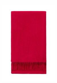Red wool blanket with a smooth texture and fringed edges, rectangular shape, providing warmth and comfort.