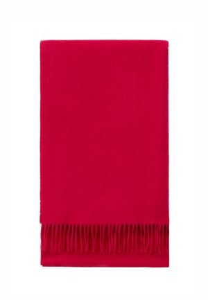 Red wool blanket with a smooth texture and fringed edges, rectangular shape, providing warmth and comfort.
