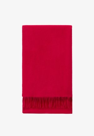 Red wool blanket with a smooth texture and fringed edges, rectangular shape, providing warmth and comfort.