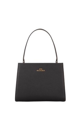Borsa a mano in pelle nera con superficie texturizzata, caratterizzata da un logo dorato al centro e una singola maniglia per il trasporto.