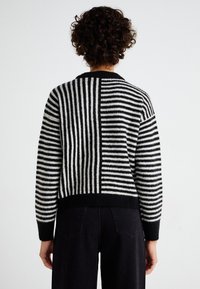 Maglione a righe con colori contrastanti bianco e nero, caratterizzato da una combinazione di righe larghe e sottili, texture lavorata a maglia e polsini a coste.