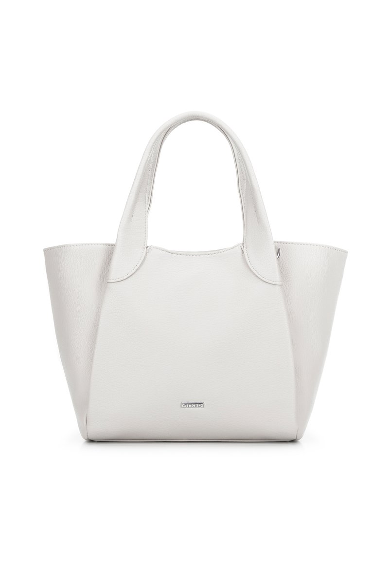 White leather tote bag with rounded handles, spacious design, smooth texture, and subtle logo detail on the front.