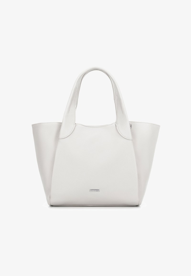 Bolso tote de cuero blanco con asas redondeadas, diseño espacioso, textura suave y detalle sutil del logotipo en la parte delantera.