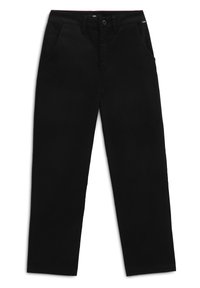 Černé bavlněné kalhoty se rovnými nohavicemi, dvěma předními kapsami a zapínáním na knoflík s kontrastním detailem v pase.