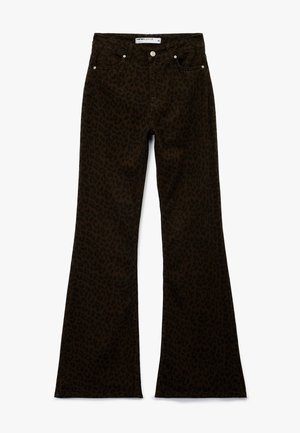 Jeans a zampa d'elefante marroni con una sottile stampa leopardo nera, realizzati in denim dalla texture liscia, con accenti in metallo e cinque tasche.