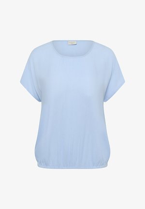 Gaiši zils īsroku tops ar apaļu izgriezumu un vaļēju piegriezumu. Izgatavots no mīksta auduma ar savāktu apakšu, lai piešķirtu papildus formu.