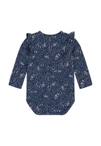 Maglietta a maniche lunghe blu navy con un motivo di fuochi d'artificio bianchi e rosa sparsi, con spalle arricciate e orlo arrotondato.
