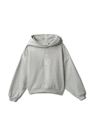 Hellgrauer Kapuzenpullover mit langen Ärmeln und gerippten Bündchen, mit erhabenem "CK"-Logo in der Mitte auf der Vorderseite.