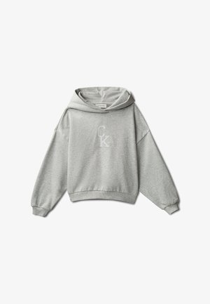 Jasnoszara bluza z kapturem, z długimi rękawami i ściągaczami na mankietach, z wypukłym logo "CK" umieszczonym na środku przodu.