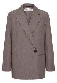 Blazer color maurizio-brown su misura con rever a giorno, chiusura con un bottone nero singolo, maniche lunghe e tasche ad aletta sui lati frontali.