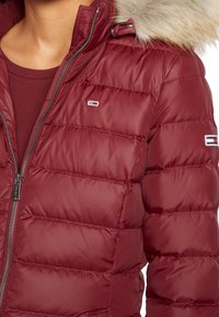 Chaqueta acolchada roja con cierre de cremallera, diseño acolchado, capucha con forro de piel y detalle de logo en la manga. Textura de tela lisa y brillante.