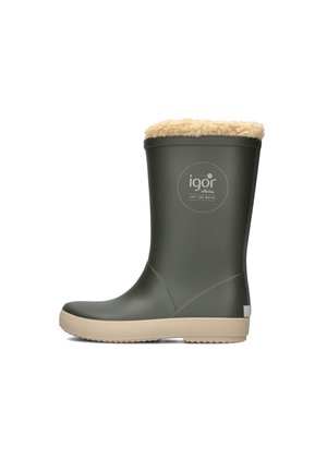 Olijfgroene rubberen regenlaars met een beige faux fur afwerking, een getextureerde zool en een witte logo-accent aan de zijkant. Glad oppervlak, hoogte tot halverwege de kuit.