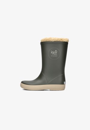 Olivgrüne Gummiregenstiefel mit einem beigen Kunstfellbesatz, strukturiertem Sohle und weißem Logoakzent an der Seite. Glatte Oberfläche, kniehoher Schnitt.
