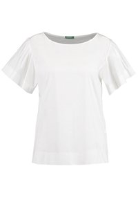 Vit t-shirt med kort ärm och utställda ärmar samt rund halsringning. Tillverkad av mjukt bomullstyg; har en rak passform och fållen är rak.