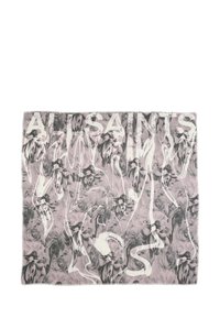 Marble-patterned scarf in soft fabric, featuring a mix of pink and gray tones. Bold "ALLSAINTS" text in white, with fringed edges.