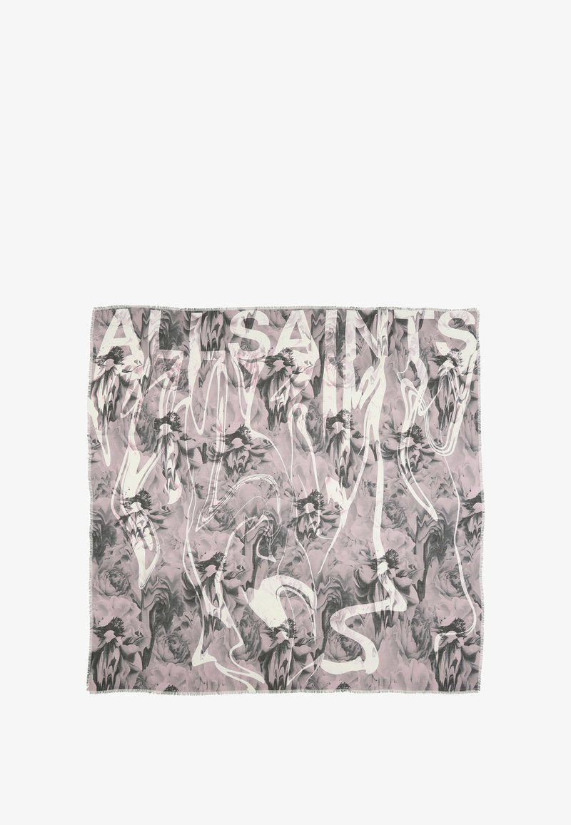 Marble-patterned scarf in soft fabric, featuring a mix of pink and gray tones. Bold "ALLSAINTS" text in white, with fringed edges.