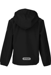 Veste à capuche noire en matériau imperméable. Dispose de poignets élastiques et d'un détail logo réfléchissant à l'arrière. Texture lisse.