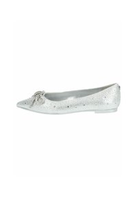 Ballerines argentées avec un bout pointu, surface texturée, embellissements et un nœud décoratif à l'avant. Doublure intérieure lisse.