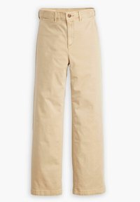 Pantalons en coton beige avec une coupe droite, dotés d'une fermeture à bouton sur le devant, de passants de ceinture et de deux poches latérales. Texture lisse.