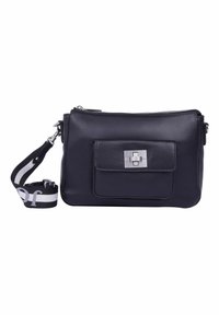 Borsa a tracolla in pelle nera con finitura testurizzata, dotata di una tasca frontale e accessori in metallo silver. Include una tracolla rimovibile a strisce.