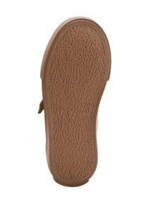 Suela de zapato de goma en marrón con superficie texturizada. Forma redondeada y bordes reforzados. Presenta un patrón elevado para tracción.