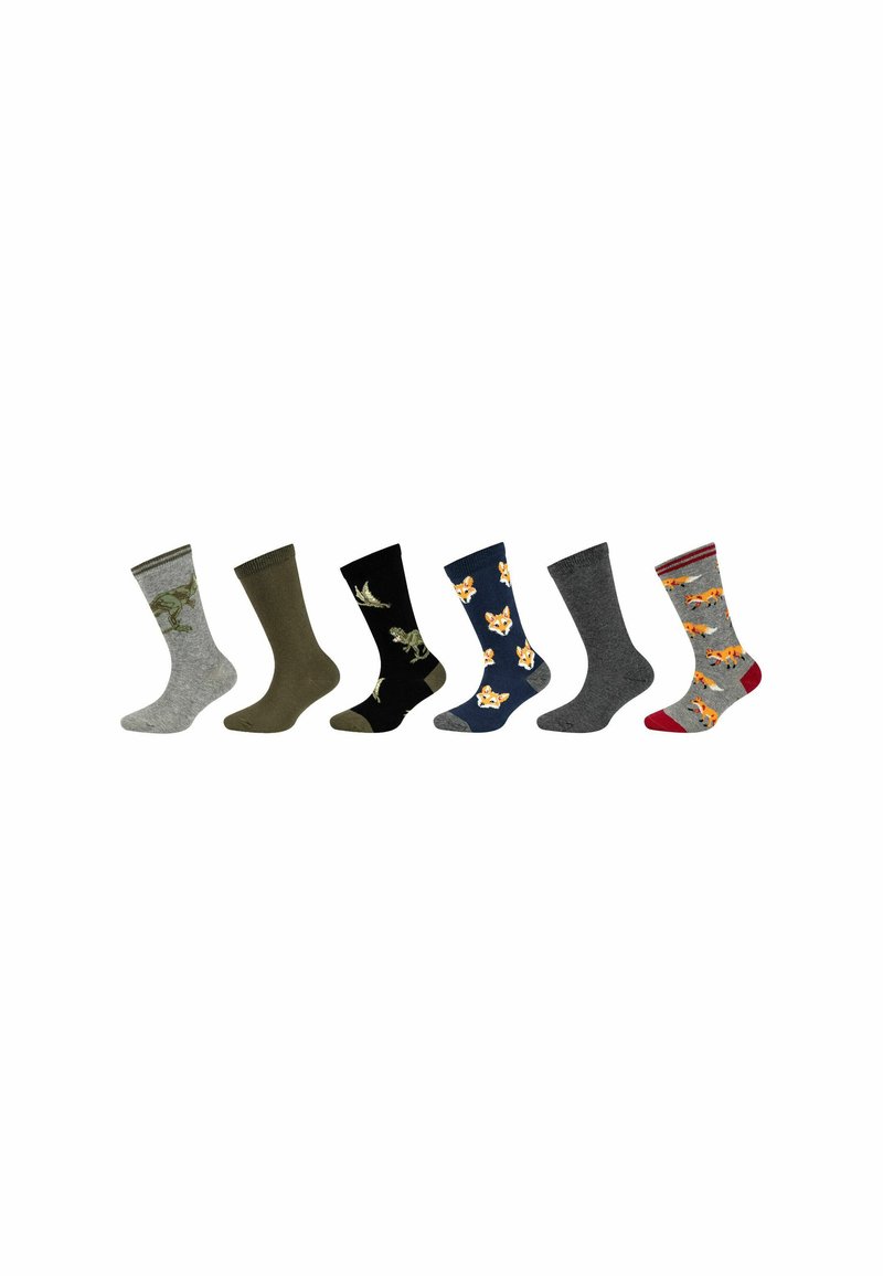 Set aus sechs gemusterten Socken in verschiedenen Farben: grau, olivgrün, schwarz, navy, grau mit roten akzenten, mit floralem und tierischem Design.