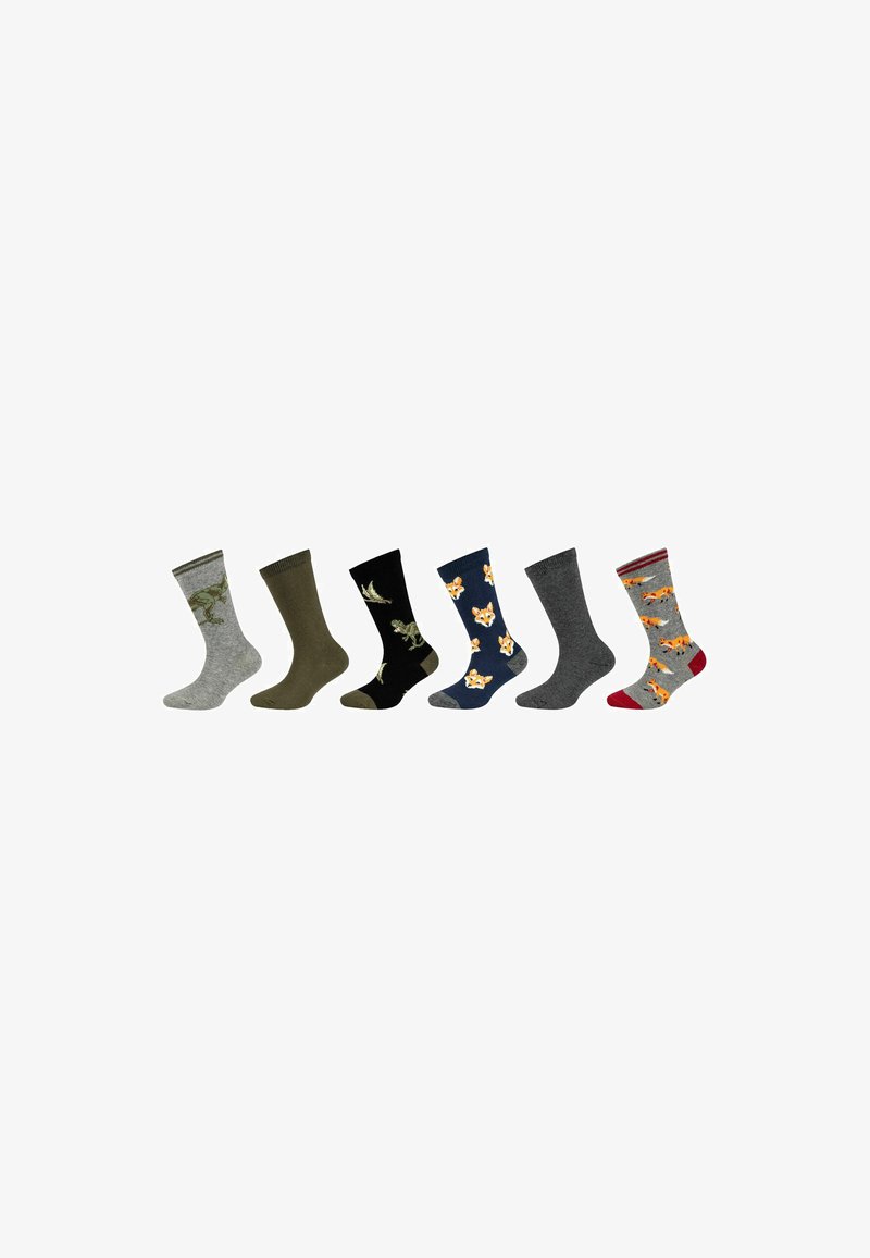 Set aus sechs gemusterten Socken in verschiedenen Farben: grau, olivgrün, schwarz, navy, grau mit roten akzenten, mit floralem und tierischem Design.