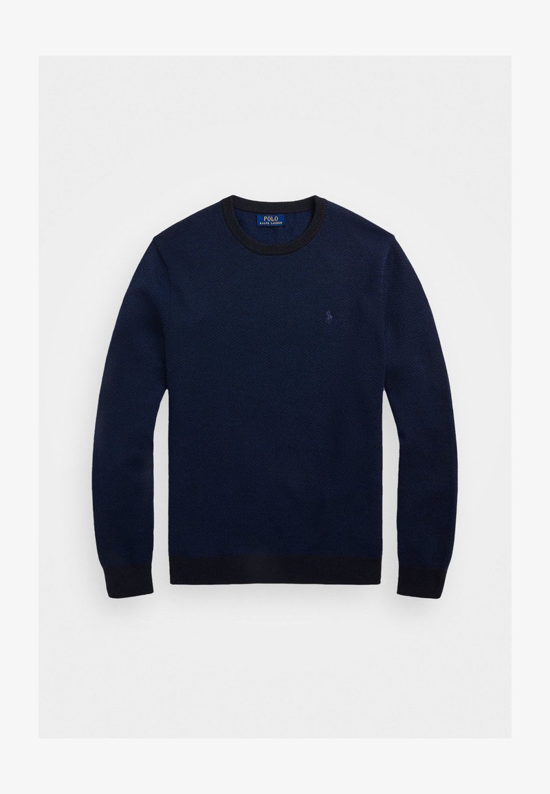 Navy crew neck sweater made of textured fabric. Features ribbed cuffs and hem, with a small logo on the chest. Classic fit design.