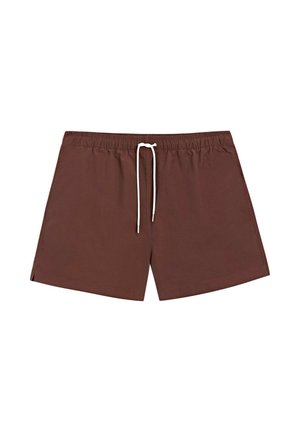 Costume da bagno da uomo marrone con vita elastica e coulisse bianca, fronte piatto e lunghezza corta su sfondo bianco.