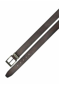Brązowy skórzany pasek o teksturowanej powierzchni. Posiada metalową klamrę oraz pięć otworów do regulacji. Gładkie krawędzie, zakończenie zwężane.