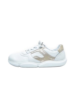 White leather sneaker with a textured gold accent on the side. Features a rounded toe, lace closure, and a rubber sole with grooves.
