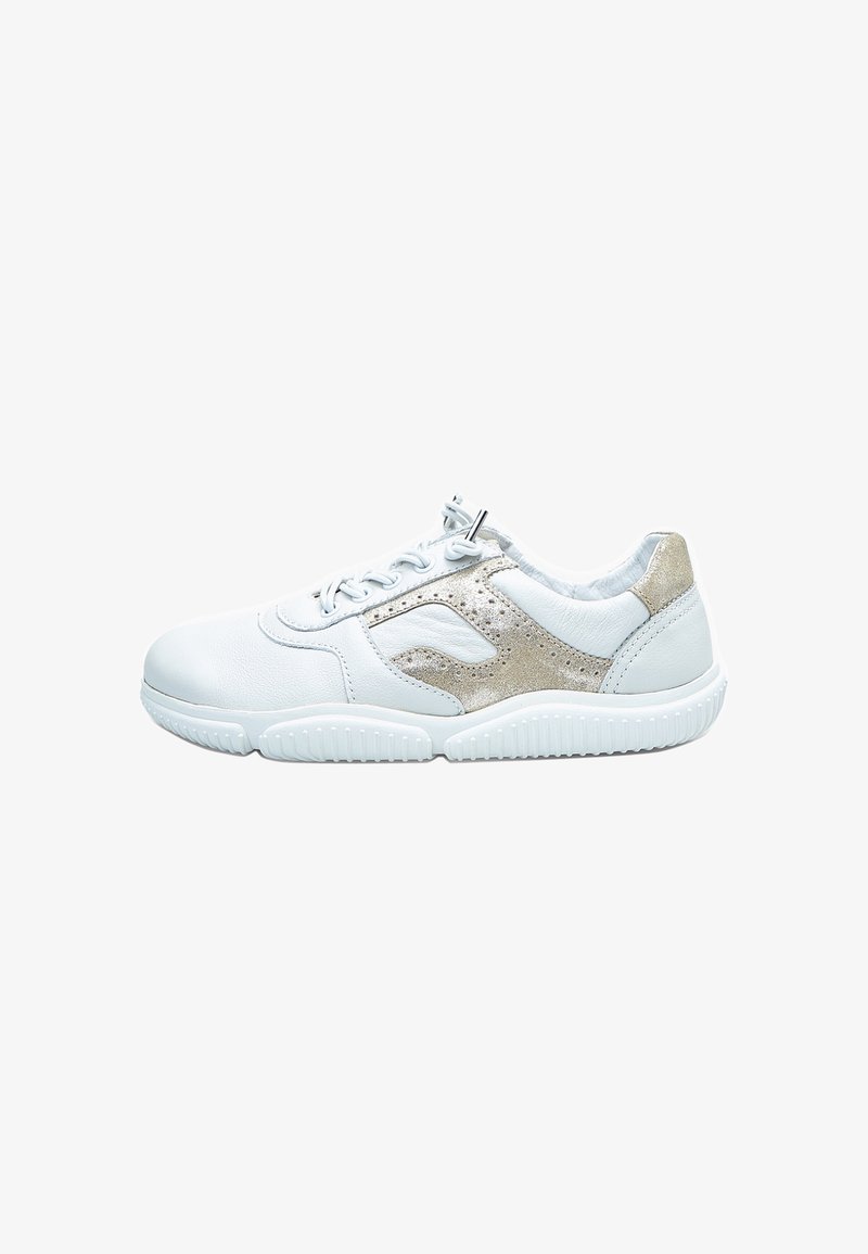 White leather sneaker with a textured gold accent on the side. Features a rounded toe, lace closure, and a rubber sole with grooves.