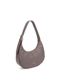 Gray leather handbag with a curved shape, zip closure, and a wide shoulder strap. Features embossed logo detail on the front.