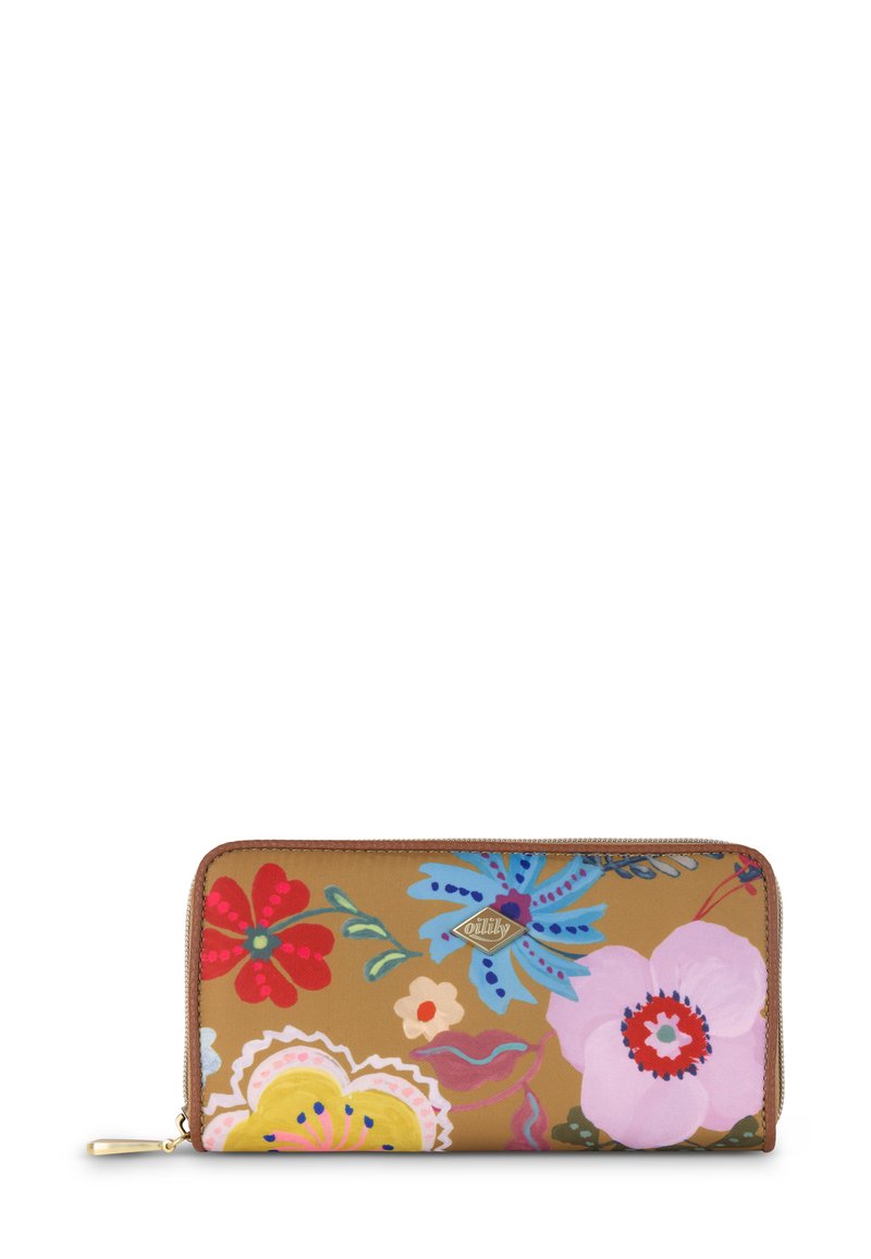 Bloemige portemonnee met een tan achtergrond, voorzien van levendige kleuren, ingewikkelde bloemenpatronen, gouden ritsbeslag en een logoaccent.