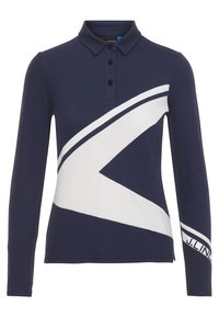 Mörkblå pikétröja med långa ärmar i bomullsblandning med vitt diagonalt randmönster och logotypdetalj på ärmen. Treknappslinning.