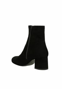 Stivaletti neri in suede con cerniera laterale, tacco a blocco, texture liscia e design aderente.