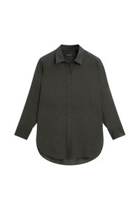 Camicia verde scuro a maniche lunghe con bottoni, caratterizzata da una texture morbida e un orlo curvo. Presenta un colletto classico e chiusure con bottoni abbinati.