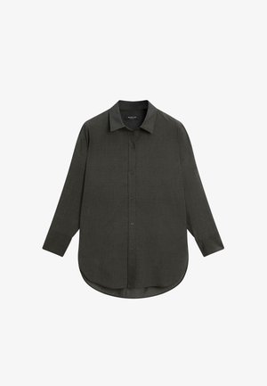 Donkergroen langemouwen knoopshirt met een zachte textuur en een gebogen zoom. Bevat een klassieke kraag en bijpassende knoopsluitingen.