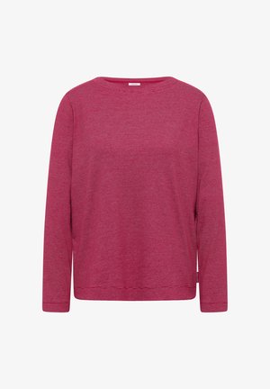 Long-sleeve, crewneck shirt in deep pink with a fine striped pattern. Made from soft fabric with a relaxed fit and side slits.
