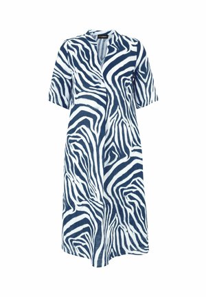 Blau-weiß gestreiftes, knielanges Kleid mit Zebra-Muster, kurzen Ärmeln und Kragen, vorderer Schlitz, aus leichtem Stoff gefertigt.