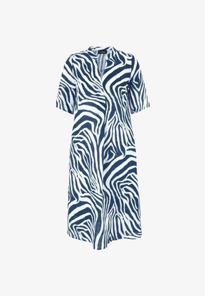 Blau-weiß gestreiftes, knielanges Kleid mit Zebra-Muster, kurzen Ärmeln und Kragen, vorderer Schlitz, aus leichtem Stoff gefertigt.