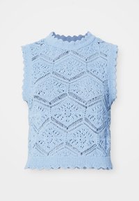 Ljusblå, ärmlös stickad topp med en strukturerad bikakestruktur, vågiga kanter och hög halsringning.