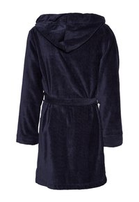 Navyblauer, mit Kapuze versehener Bademantel aus weichem, strukturiertem Stoff; verfügt über lange Ärmel, einen Bindegürtel und einen knielangen Schnitt.
