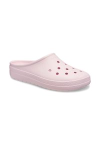 Pink molded clogs with ventilation holes, a rounded toe, and a textured outsole for grip. Lightweight and slip-on design.
