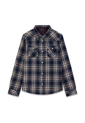 Langärmliges Hemd aus flanell im Marineblau, Rot und Weiß mit kariertem Muster. Mit zwei Brusttaschen und Knopfverschluss. Standard-Kragendesign.